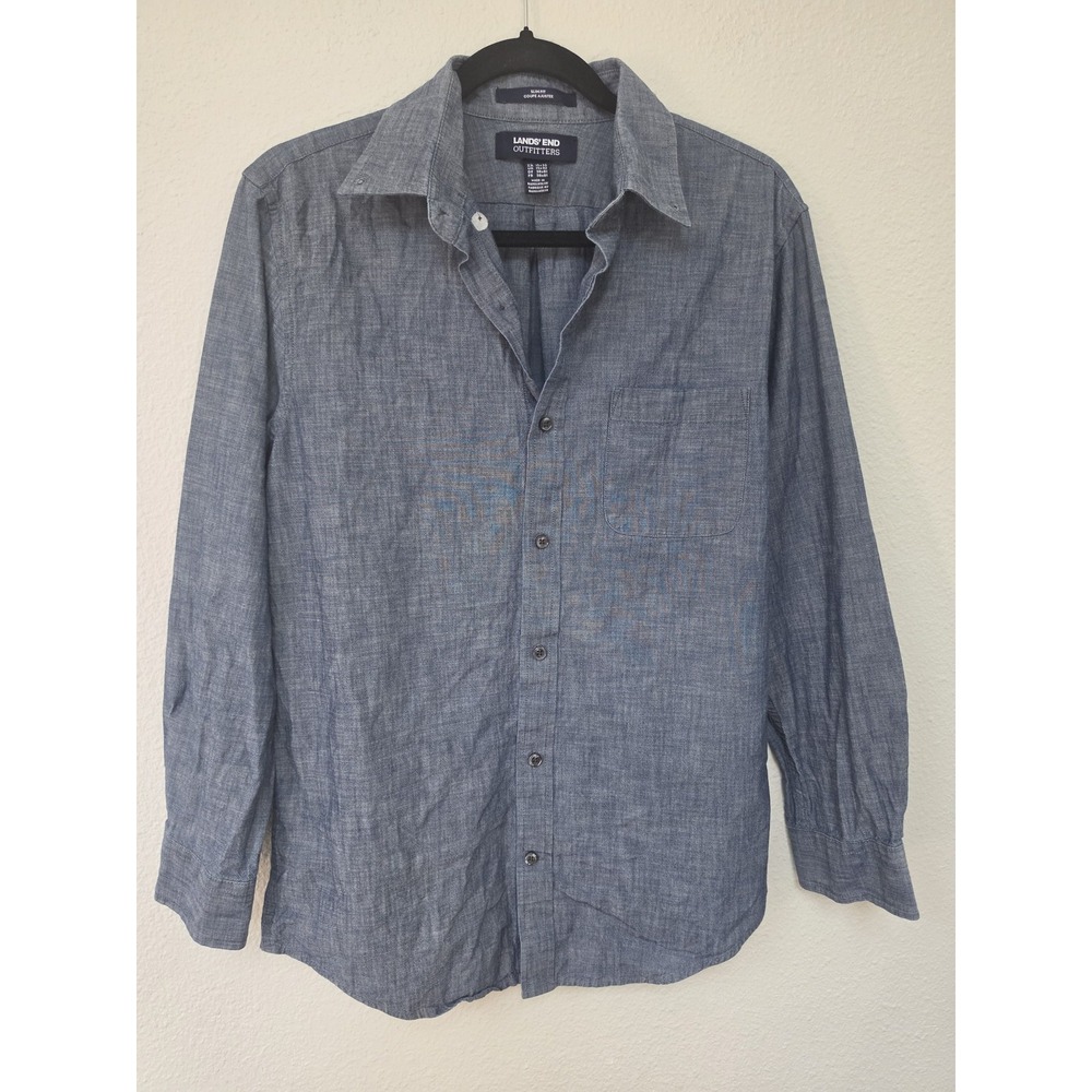 Lands' End Men's Button-Up Shirt Size 15x32 Blue Solid Cotton Collared Classic
